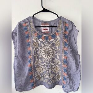 Johnny Was Biya Embroidered Boho Short Sleeve Top Size M